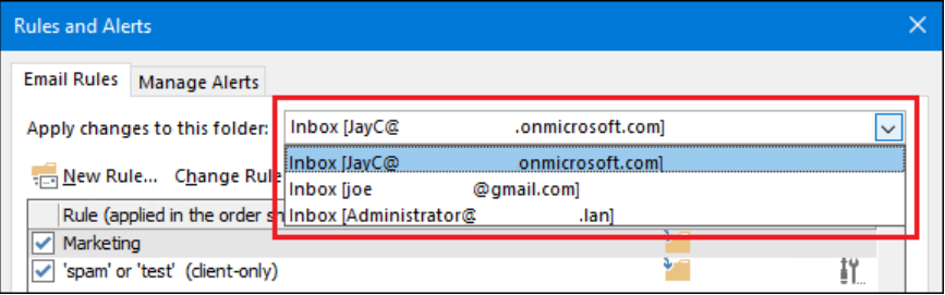 select one account to export outlook rules