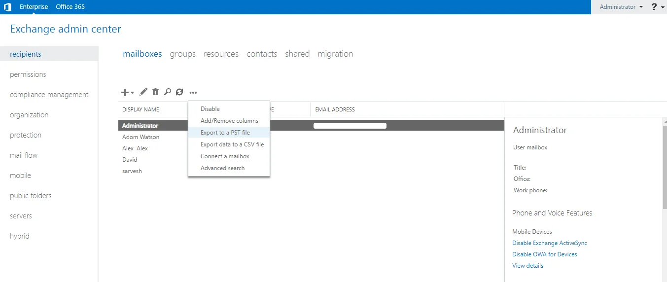 Exchange Export Mailbox to PST option in EAC