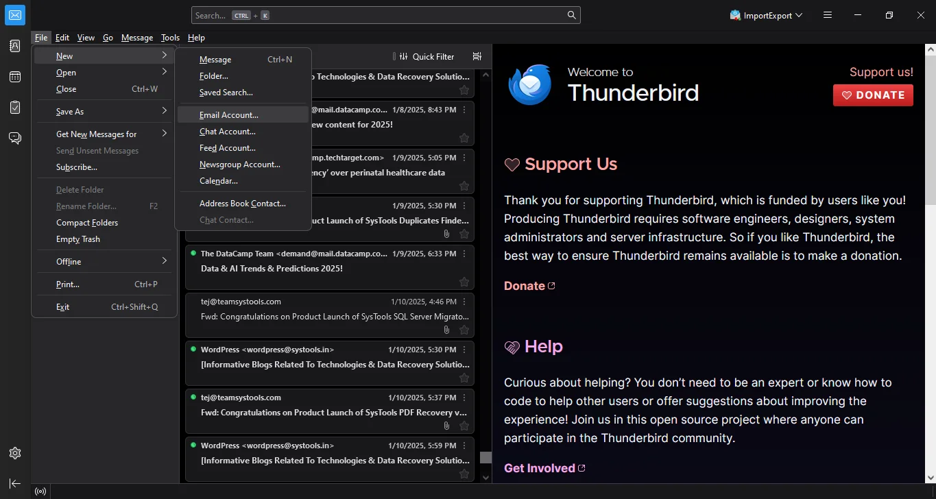 New Email Account Setup in Thunderbird for Exporting Office 365 to MBOX