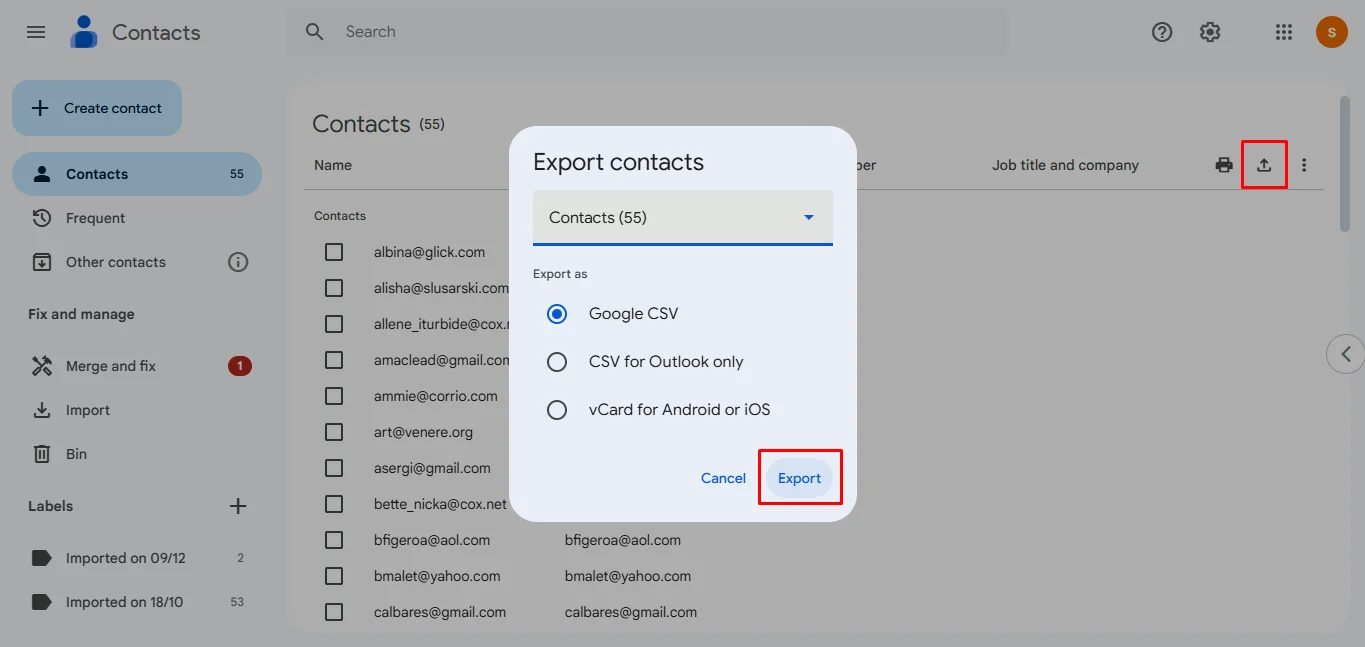 Default way to export google directory contacts 