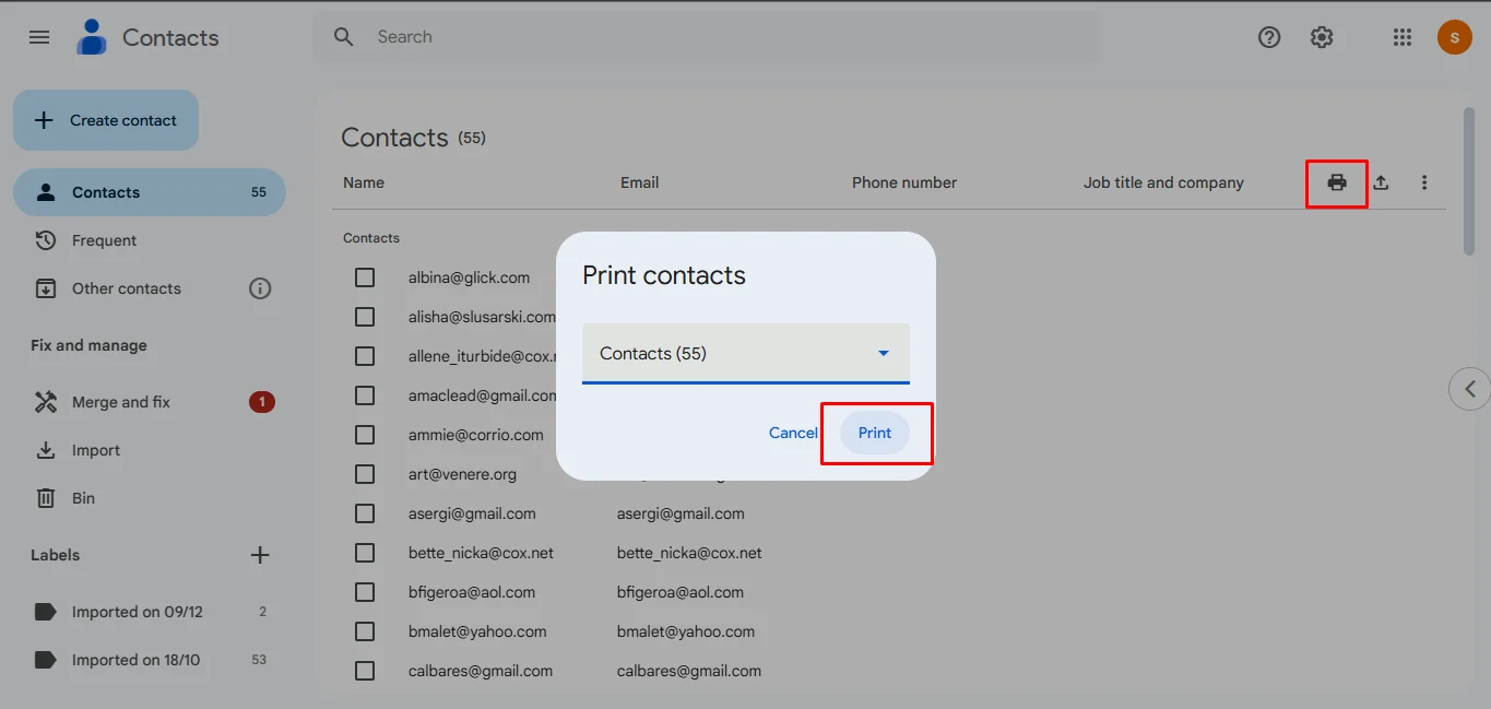 Print Google Directory Contact list